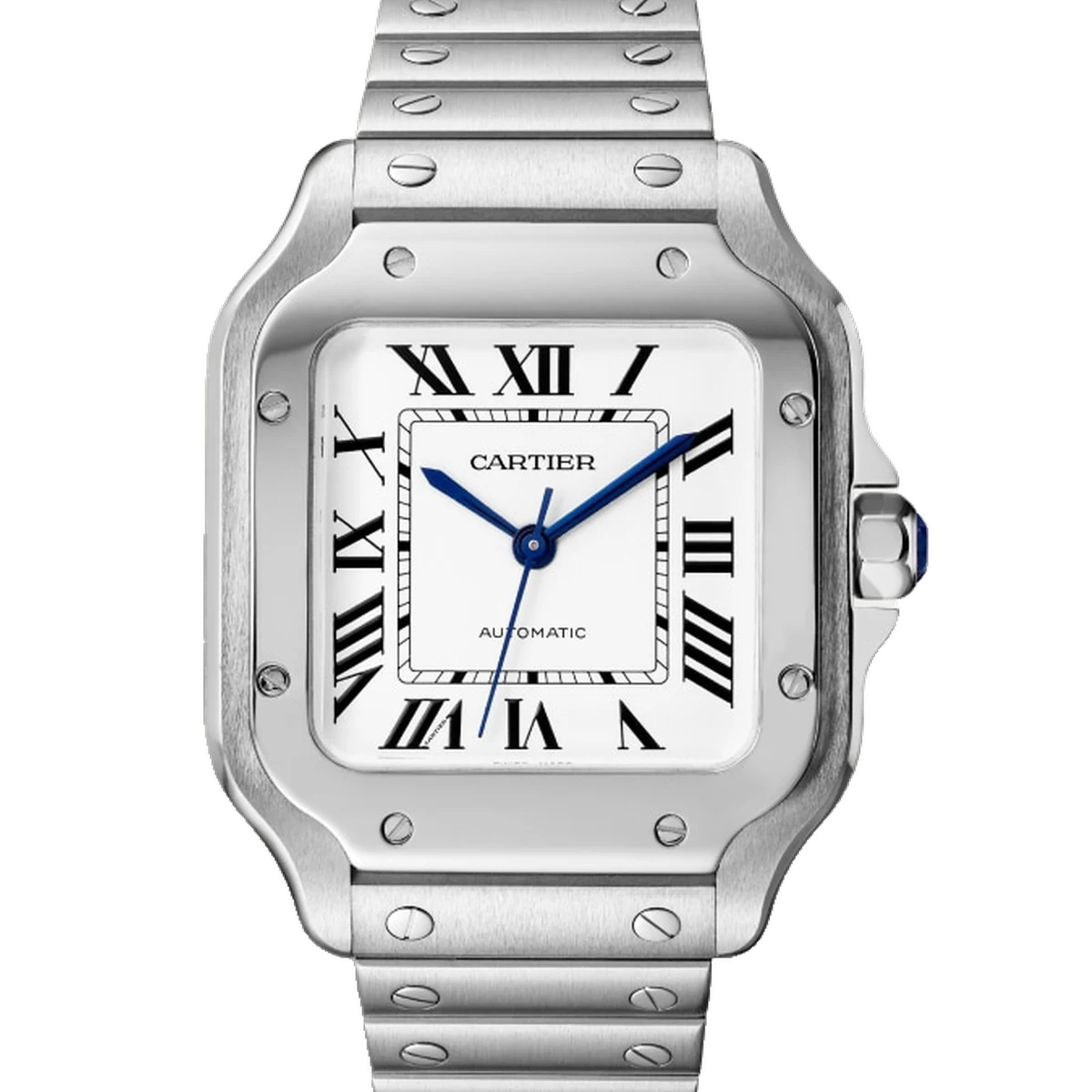 Cartier Santos de Cartier, medium, 41.9 mm, cadran saumon, steel bracelet with SmartLink sizing and QuickSwitch interchange, calfskin strap option