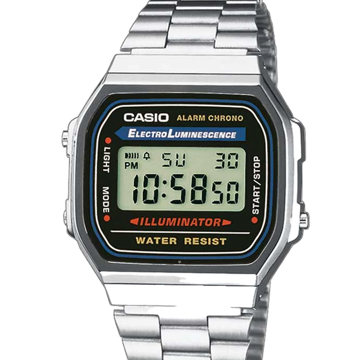 Casio Vintage A168, 36.3 mm, cadran argenté, steel bracelet