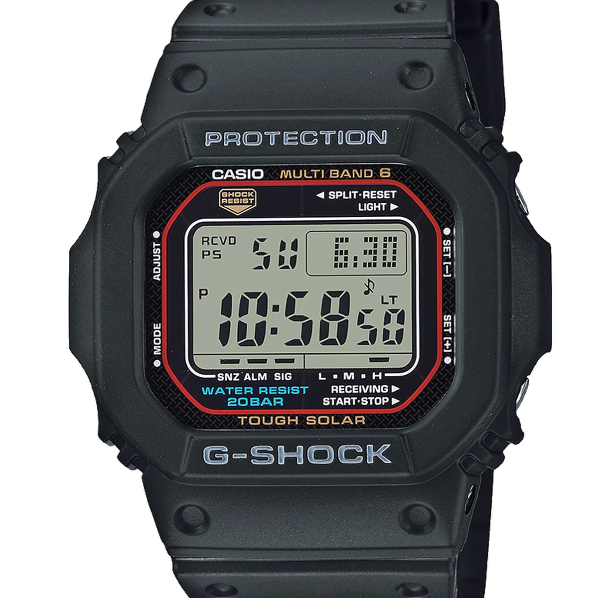 Casio G-Shock 5600 Tough Solar Multi Band 6, 43.2 mm, cadran noir, resin strap