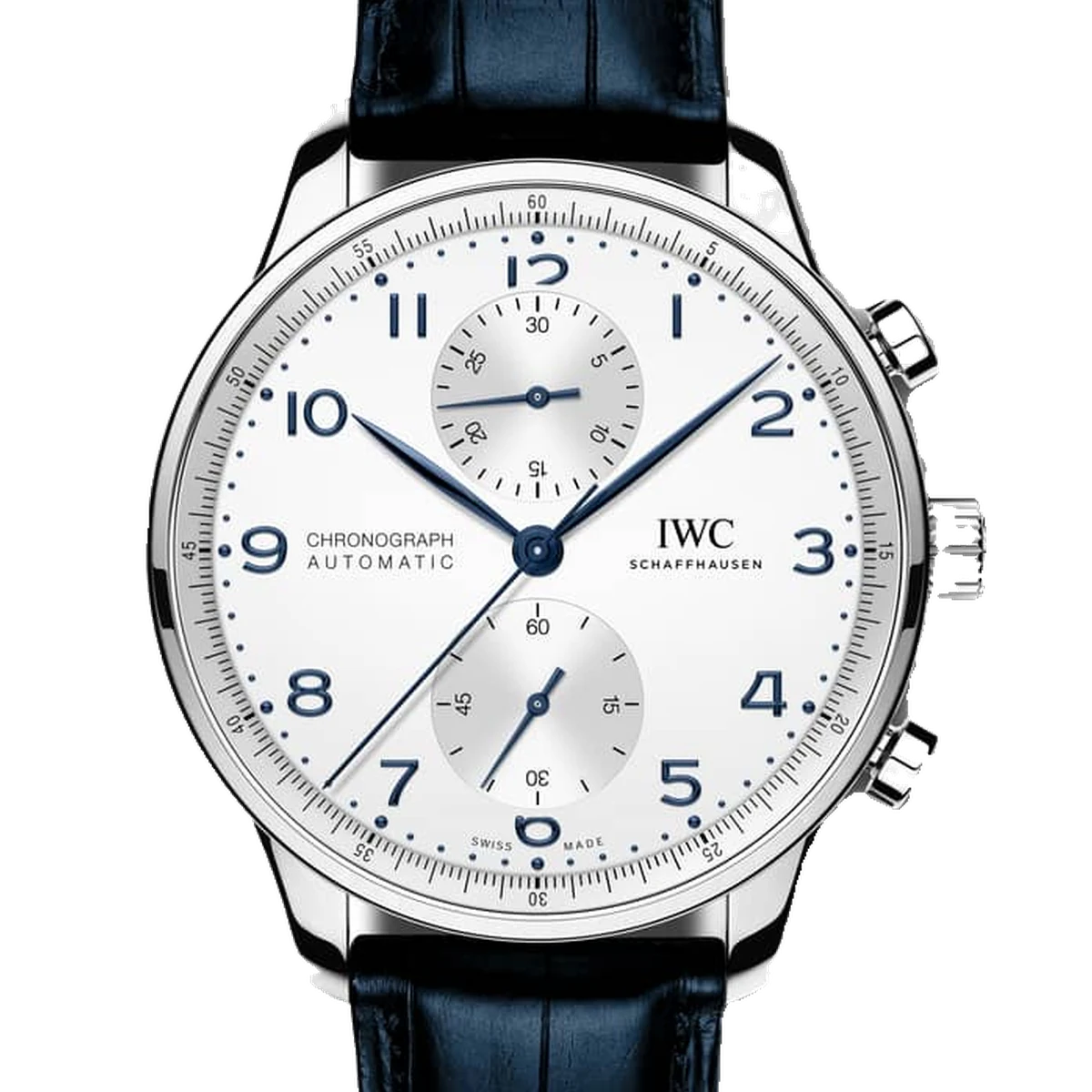 IWC Portugieser Chronograph, 41 mm, cadran argenté, blue alligator leather, steel pin buckle