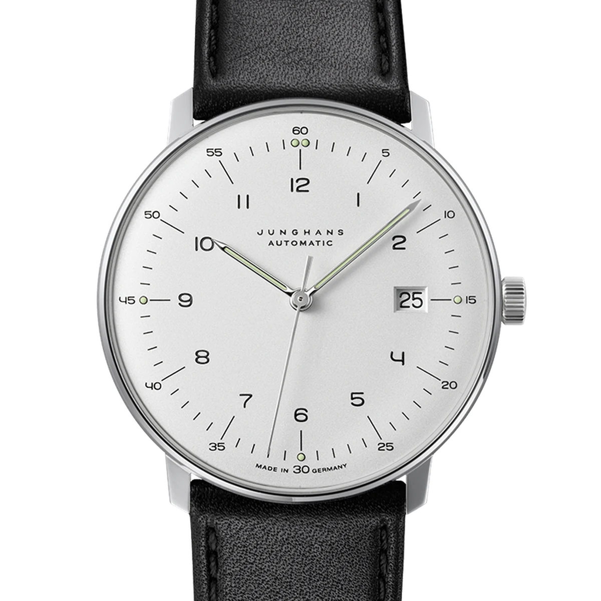 Junghans max bill Automatic 38mm with sapphire crystal, 38 mm, cadran argenté, black leather strap, steel pin buckle