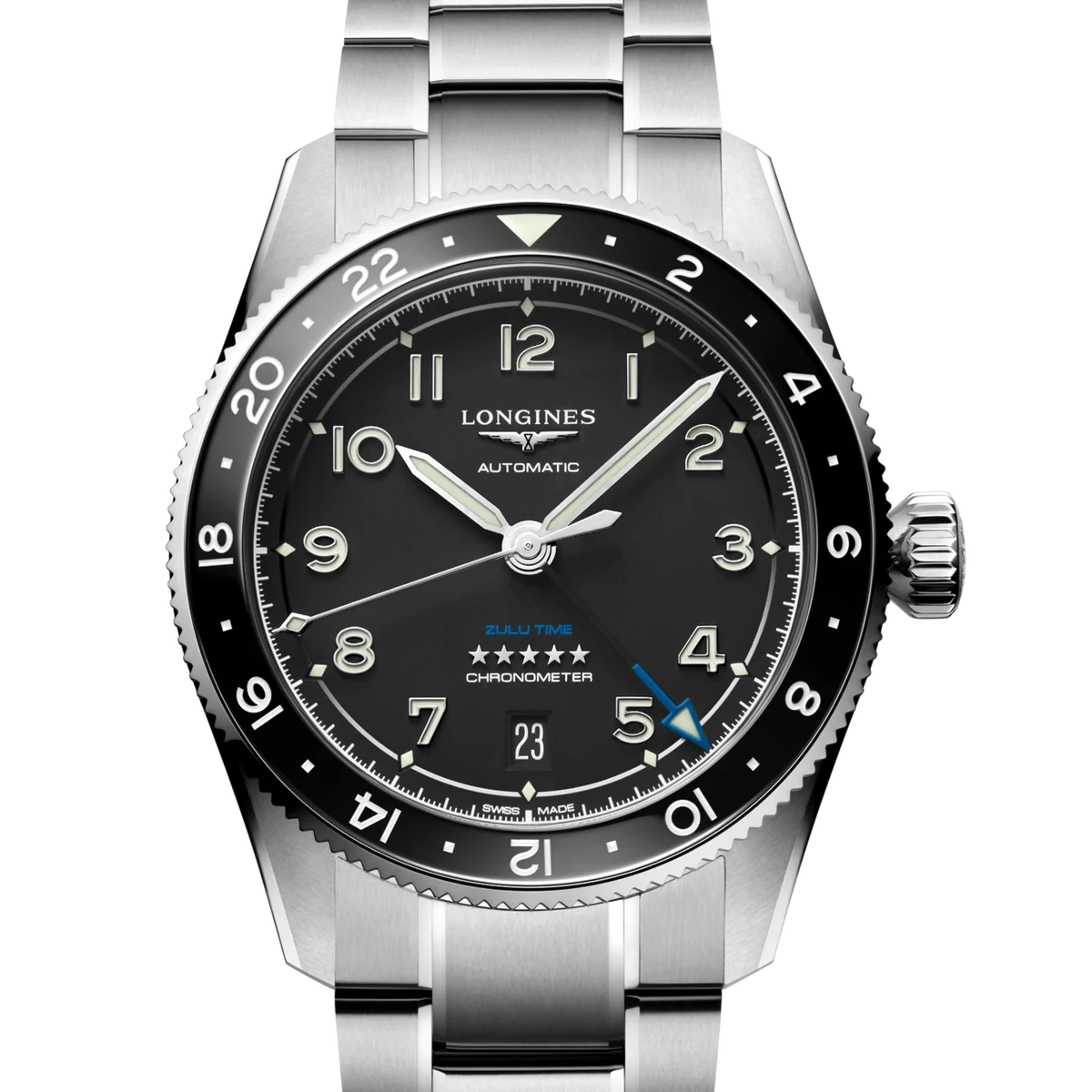 Longines Spirit Zulu Time 39mm, 39 mm, cadran noir, steel bracelet, quick release, double folding clasp