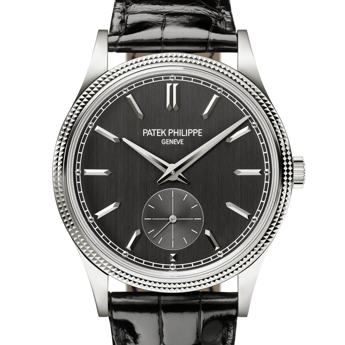 Patek Philippe Calatrava Clous de Paris, 39 mm, cadran gris, black alligator leather, white gold prong buckle
