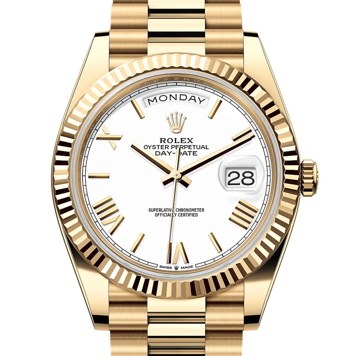 Rolex Day-Date 40, 40 mm, cadran champagne, 18k yellow gold President bracelet, concealed Crownclasp