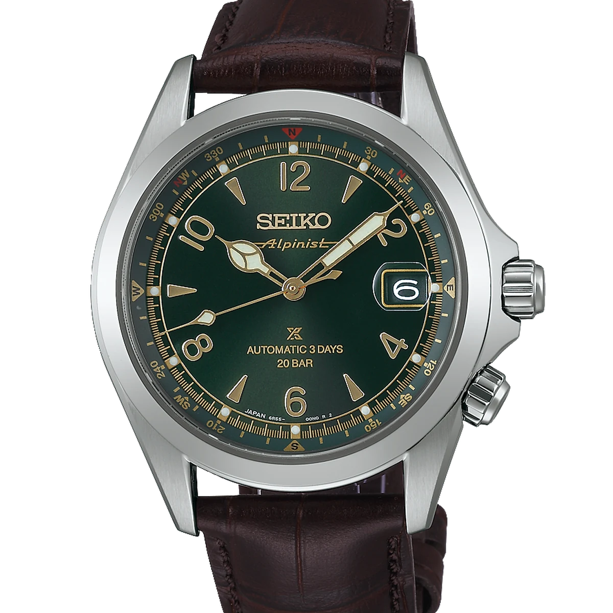 Seiko Prospex Alpinist, 39.5 mm, cadran vert, brown leather strap, three fold clasp