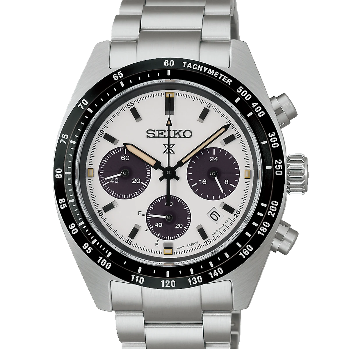 Seiko Prospex Speedtimer solar chronograph, 39 mm, cadran blanc, steel bracelet, three fold clasp with push button release