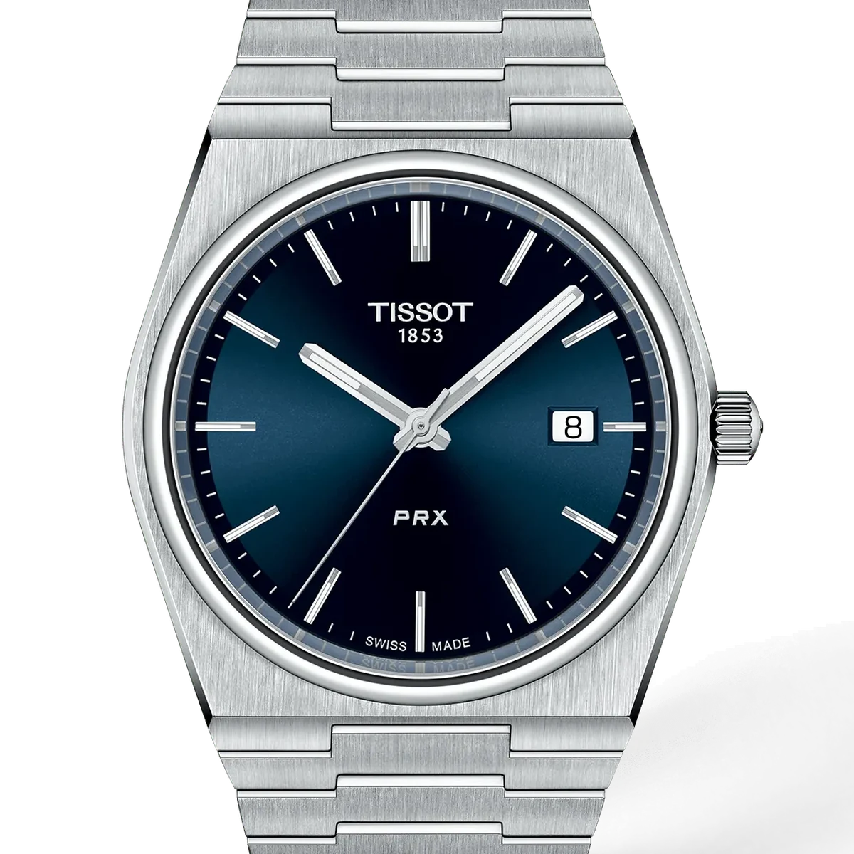 Tissot PRX 40 quartz, 40 mm, cadran bleu, integrated steel bracelet, quick release, butterfly clasp